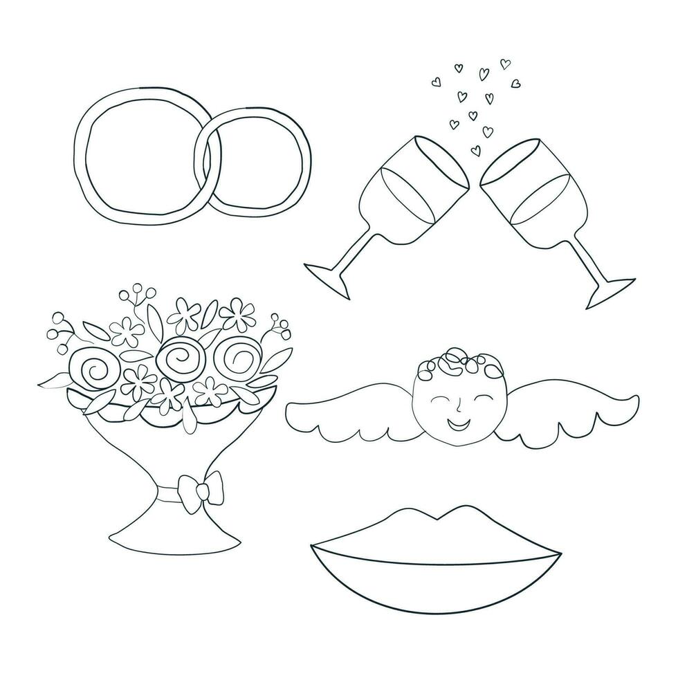 Vector Wedding set of line art icons. Hand drawn love symbols. Vector Illustration