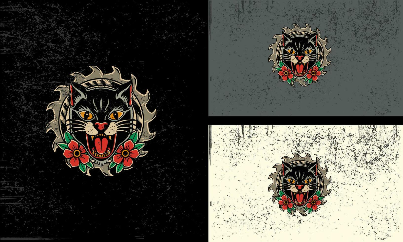 head cat and red flowers vector mascot flat design