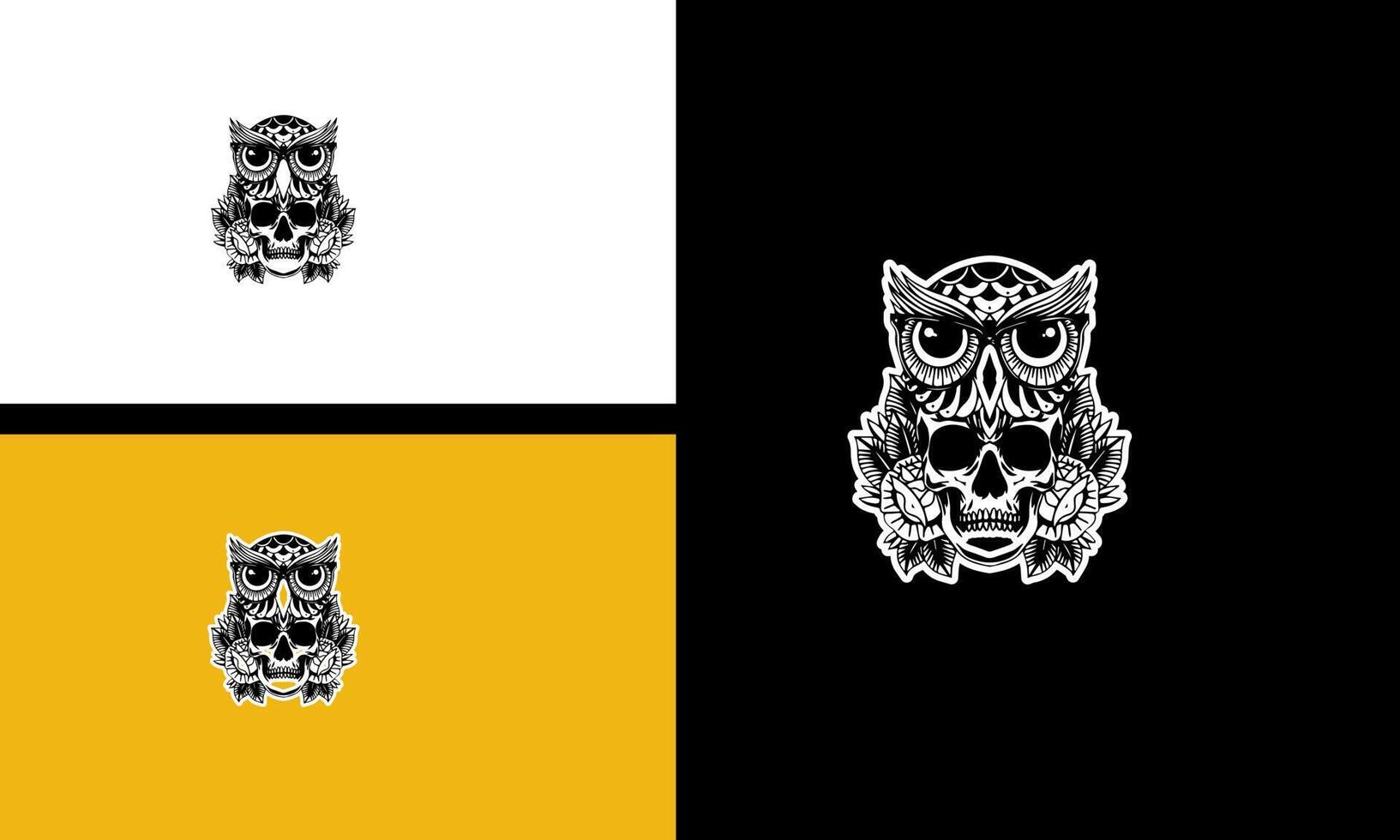 head skull and owl vector line art flat design