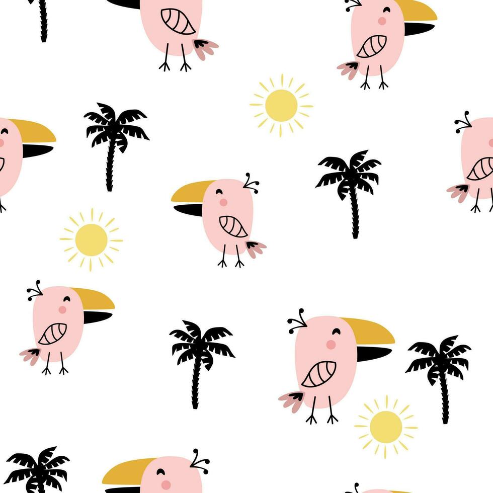 Seamless funny bird with palm trees vector
