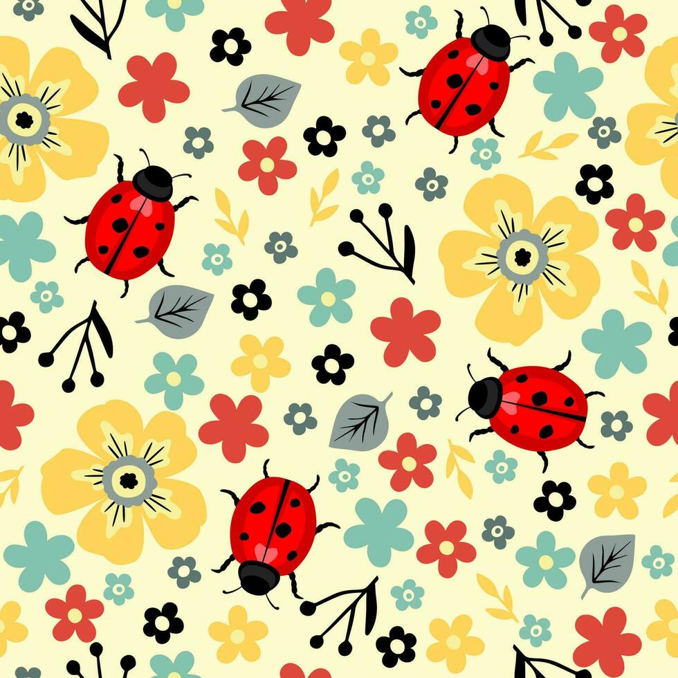 Seamless pattern with different cute flowers and ladybugs vector