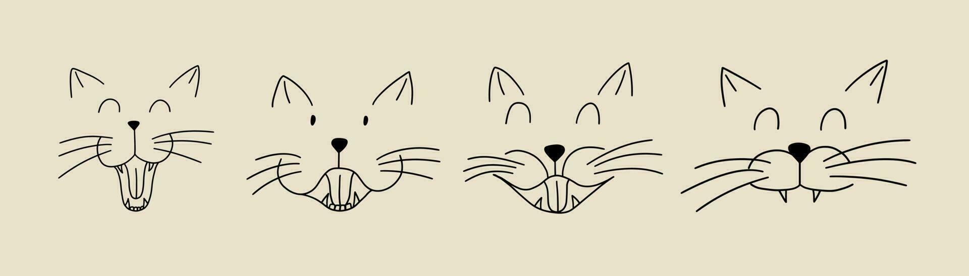 Set of funny expressions of cat faces in doodle style. Vector illustration