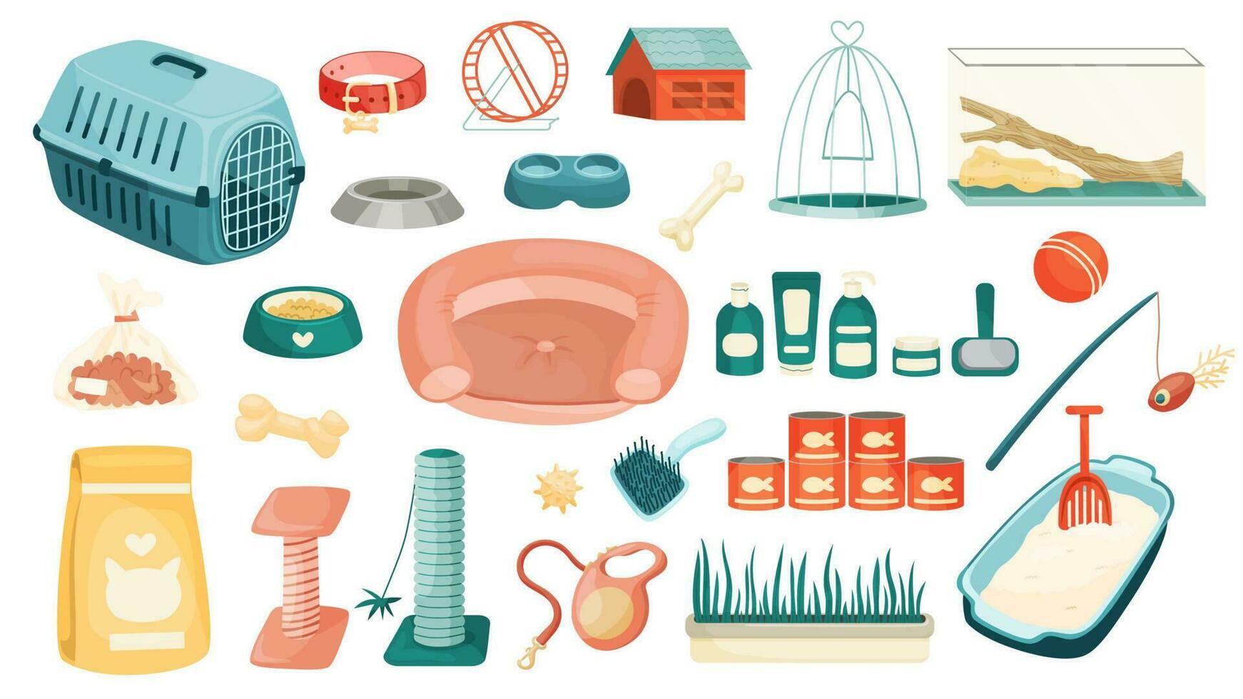 Pet shop items set. Pet supply and animal care elements. Vector cartoon illustrations.