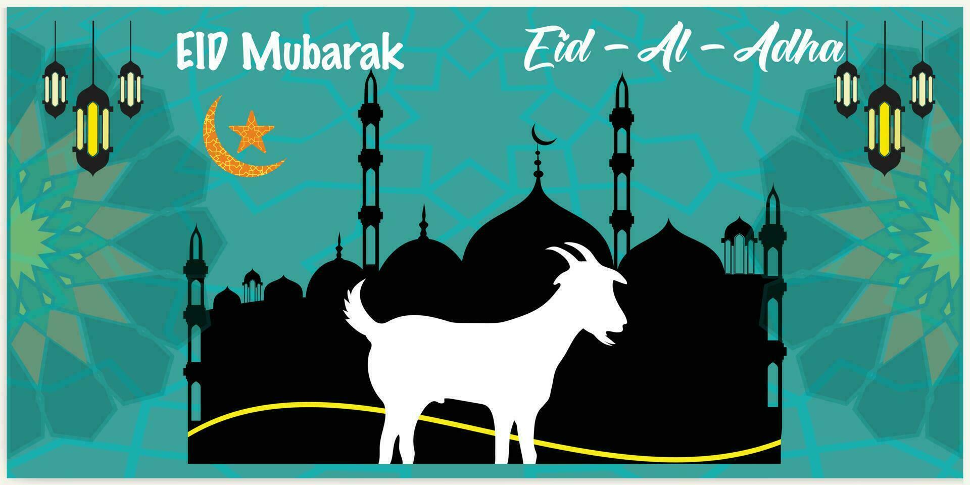 Illustration vector graphic of a mosque and goat in silhouette with a glowing lantern for Eid al adha mubarak. good for background, banner, card, and poster flyer templates.