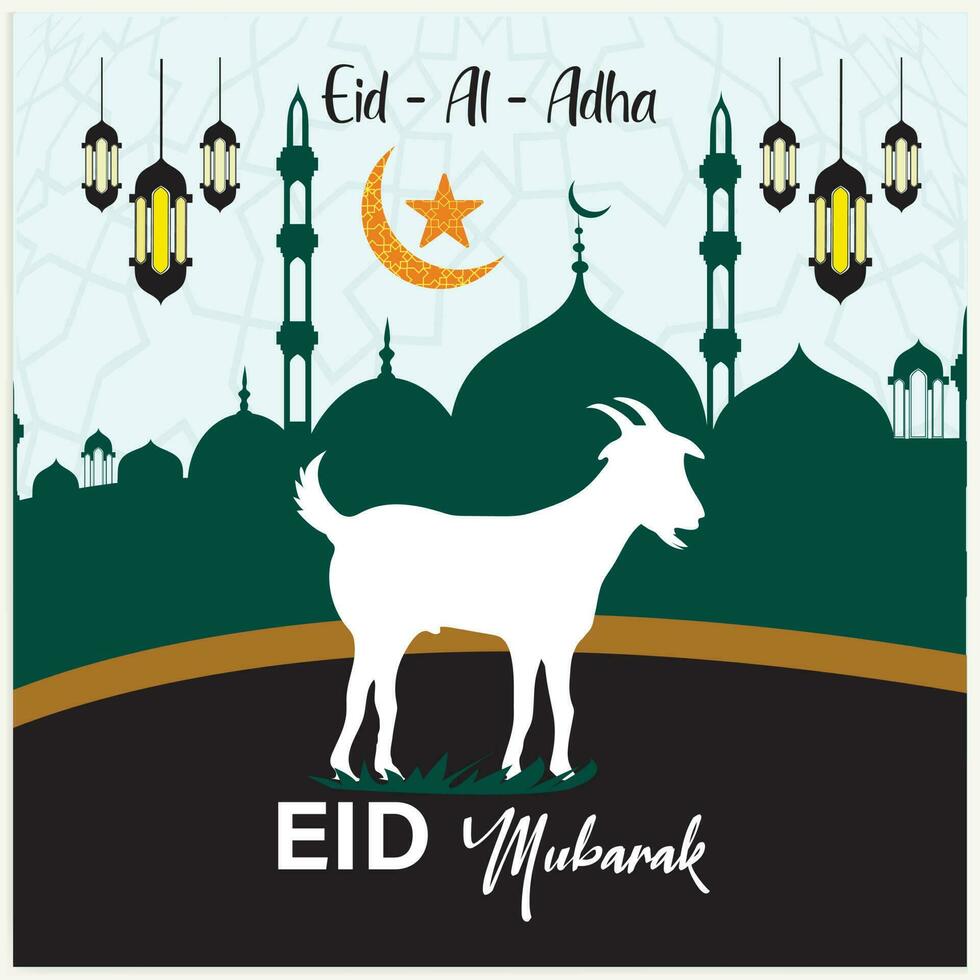 Illustration vector graphic of a mosque and goat in silhouette with a glowing lantern for Eid al adha mubarak. good for background, banner, card, and poster flyer templates.