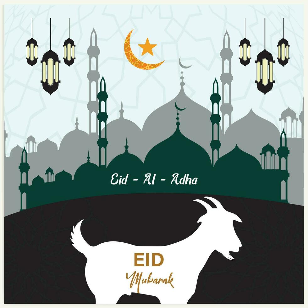 Illustration vector graphic of a mosque and goat in silhouette with a glowing lantern for Eid al adha mubarak. good for background, banner, card, and poster flyer templates.