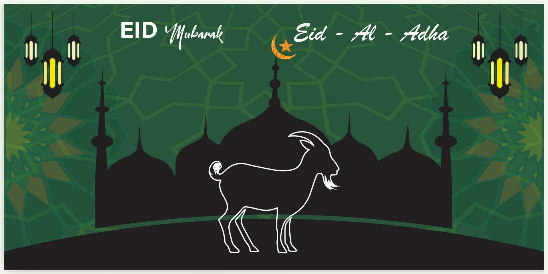 Illustration vector graphic of a mosque and goat in silhouette with a glowing lantern for Eid al adha mubarak. good for background, banner, card, and poster flyer templates.