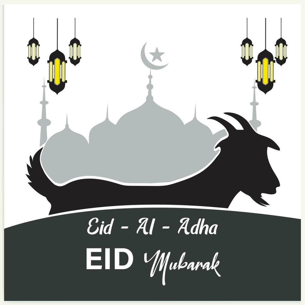 Illustration vector graphic of a mosque and goat in silhouette with a glowing lantern for Eid al adha mubarak. good for background, banner, card, and poster flyer templates.