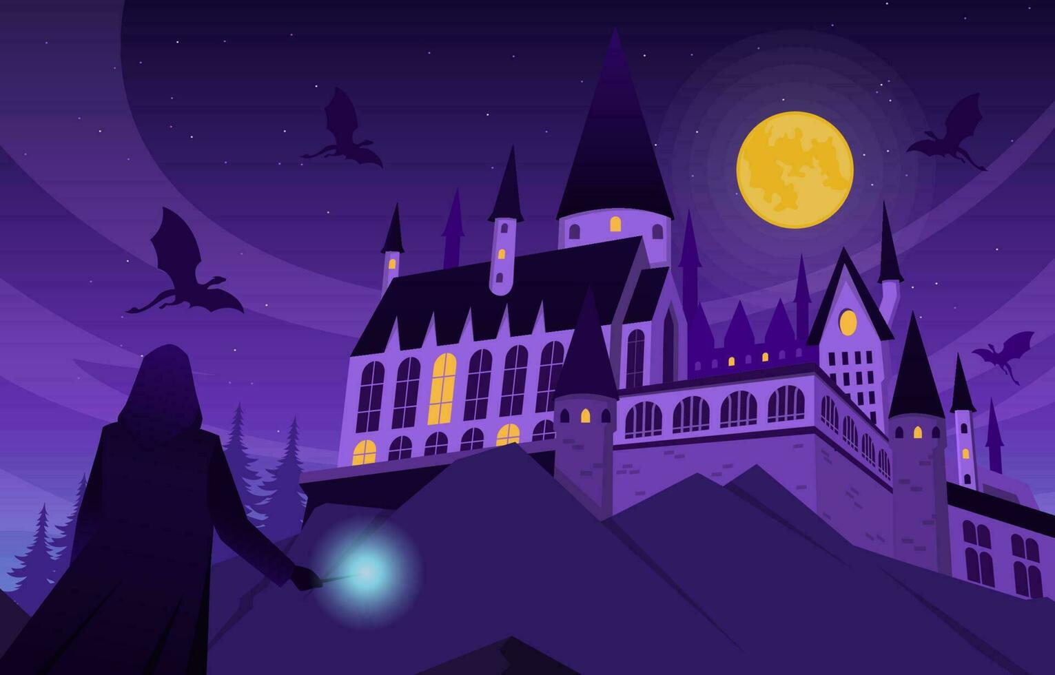 Castle on the Hill with Witch and Dragons vector