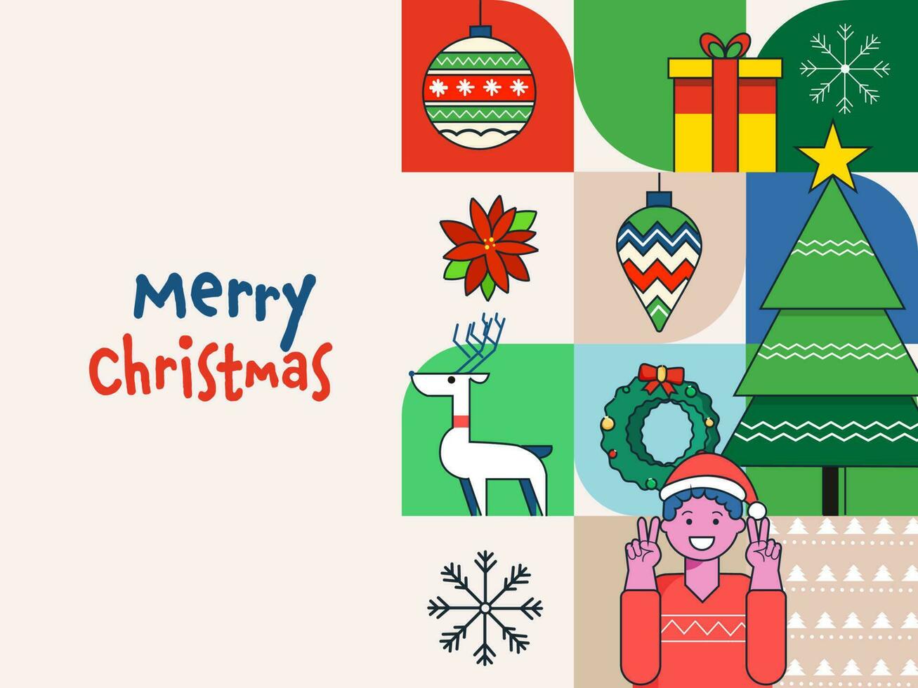 Merry Christmas Celebration Background With Festival Elements And Cheerful Young Boy Showing Peace Symbol. vector
