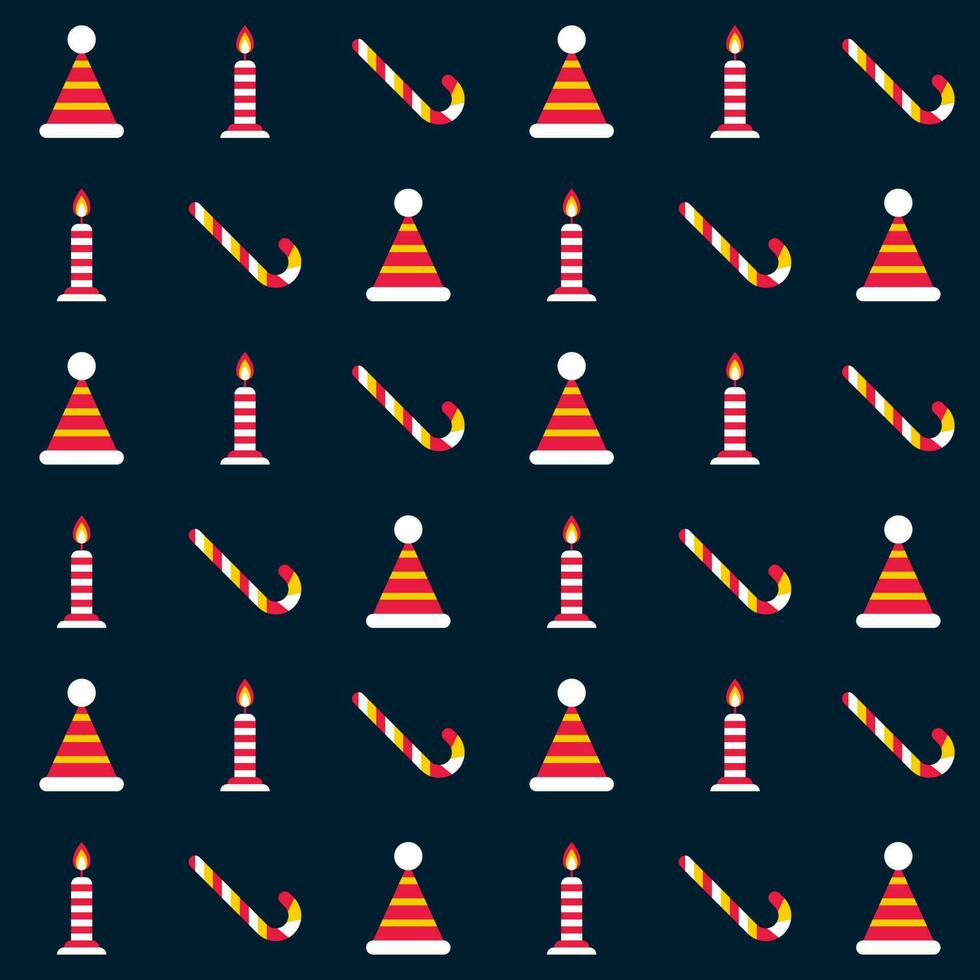 vistoso Papa Noel sombrero con caramelo bastones y iluminado velas decorado en azul antecedentes. vector