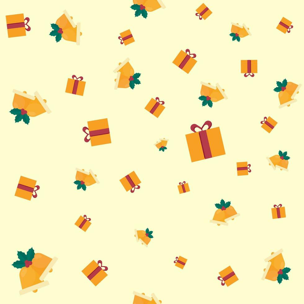 Yellow Background Decorated With Jingle Bells, Holly Berries And Gift Boxes. vector