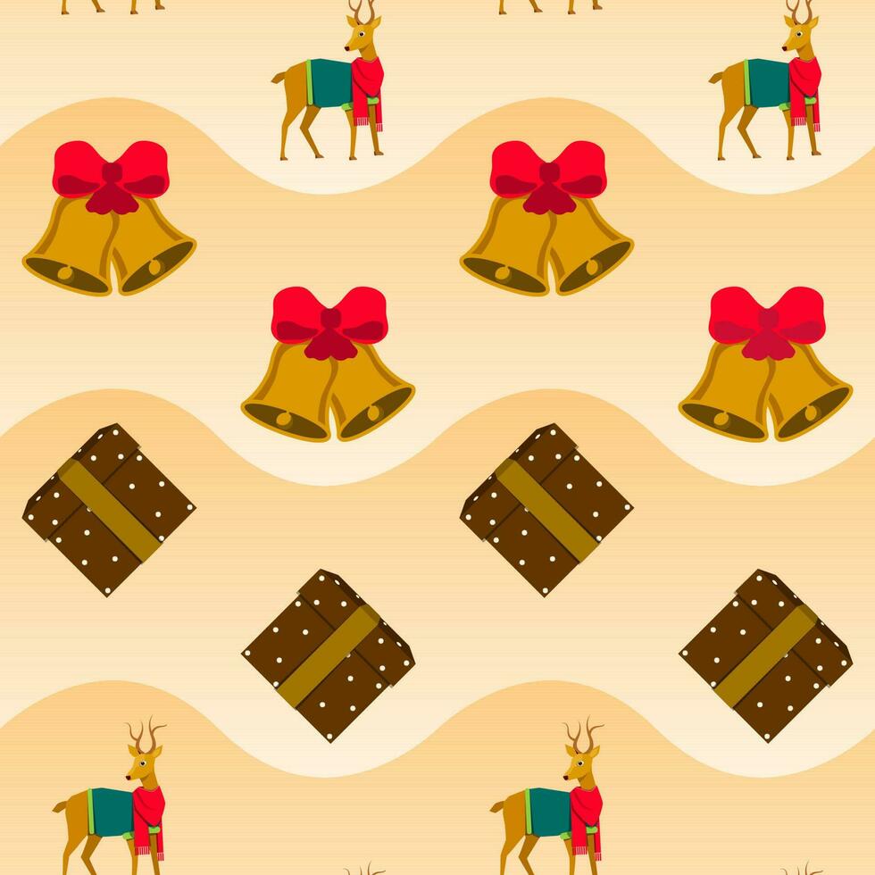 Pastel Orange Wavy Background With Reindeer, Jingle Bells And Gift Boxes. vector