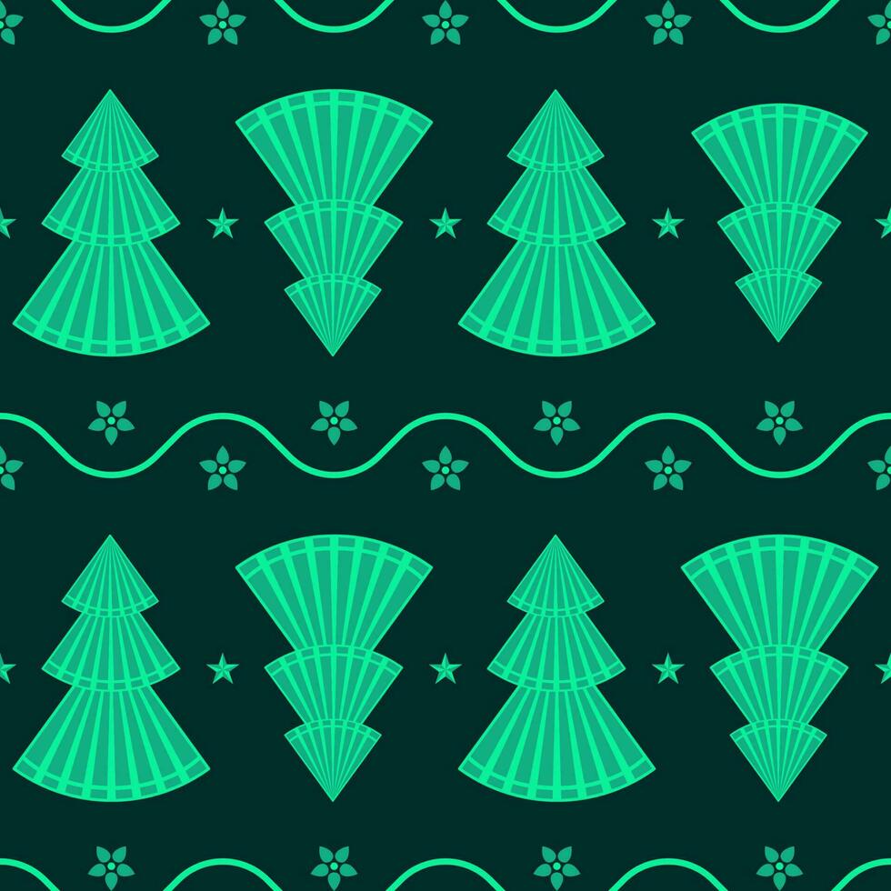 Seamless Green Xmas Tree, Flowers And Stars Pattern Background. vector