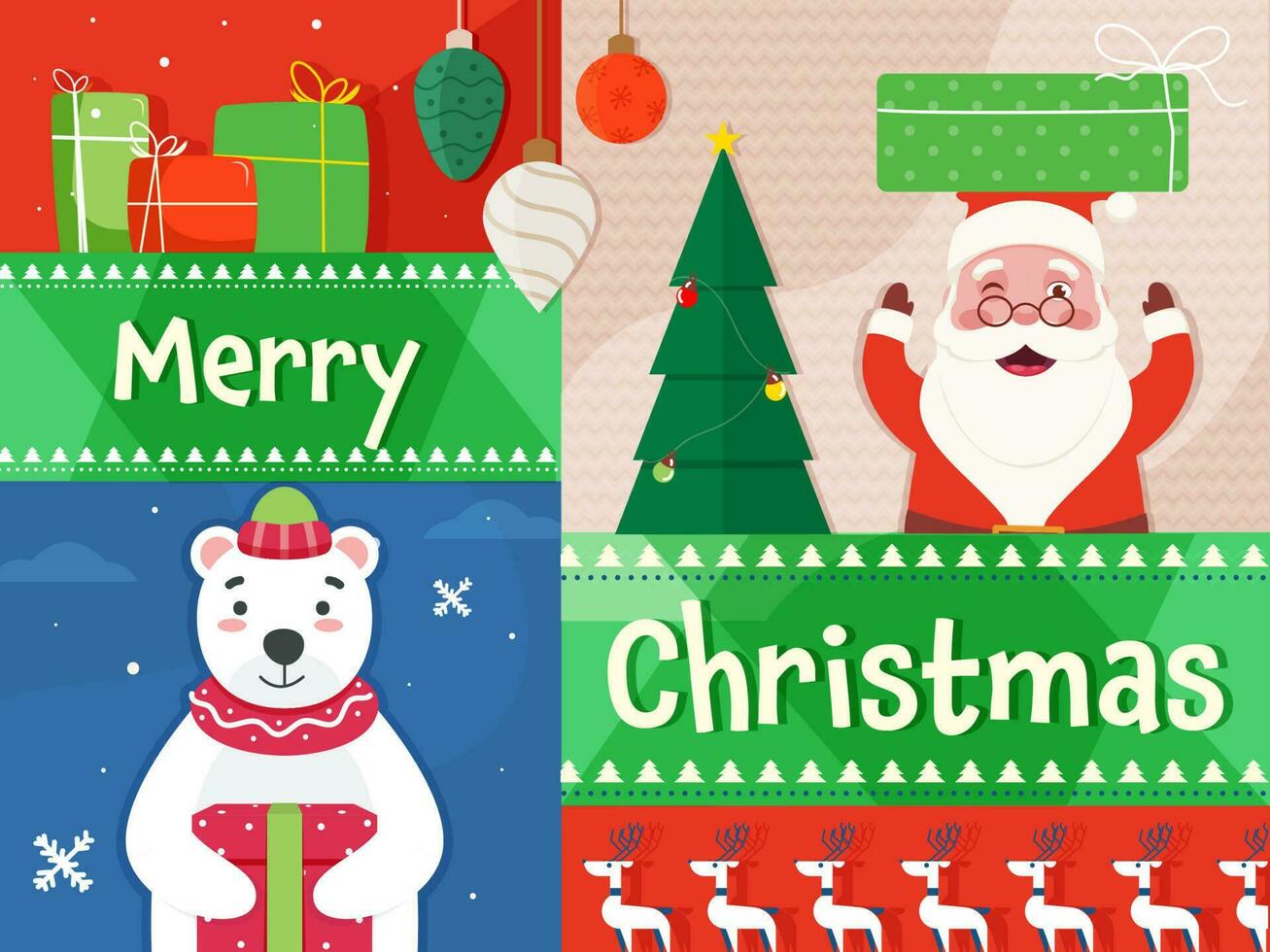 Merry Christmas Celebration Background With Santa Clause And Polar Beer Character. vector