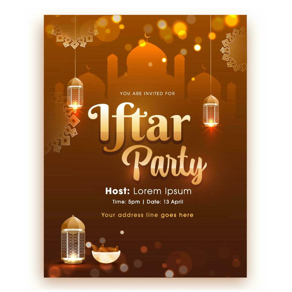 Iftar Party Flyer Or Invitation Card With Hanging Lit Lanterns And Dates Bowl On Brown Mosque Bokeh Background. vector