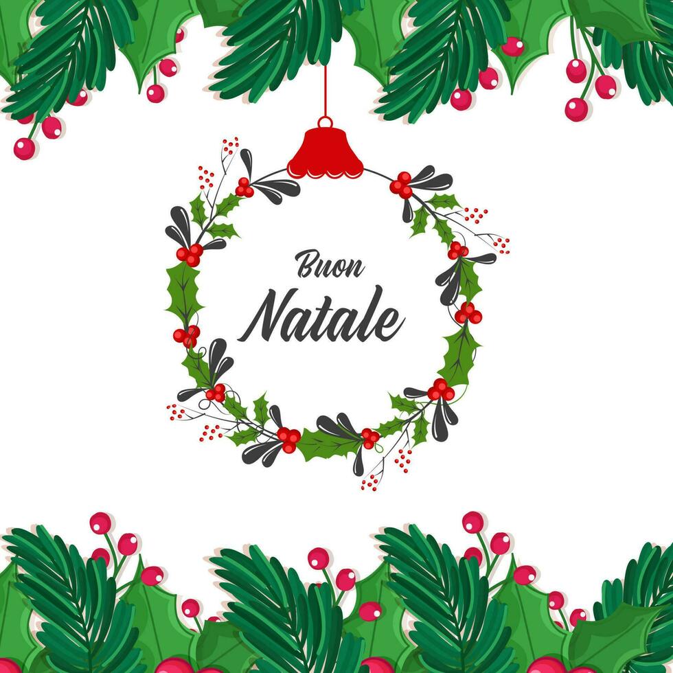 Merry Christmas Font Written In Italian Language With Berries And Leaves Decorated On White Background. vector