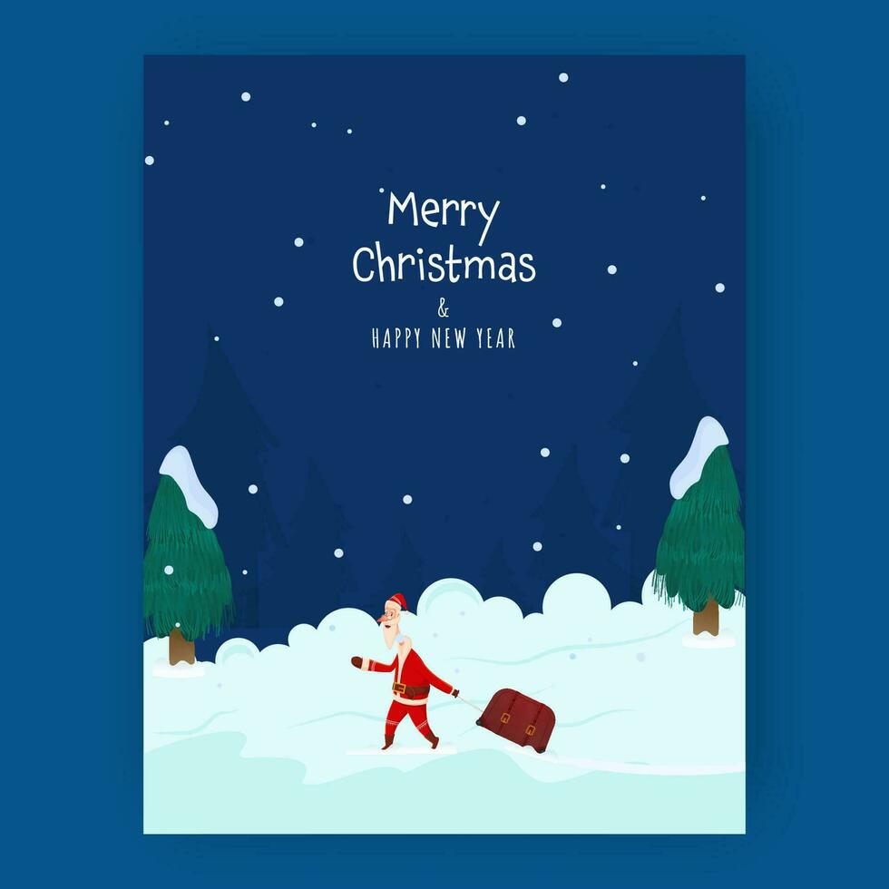 alegre Navidad y nuevo año saludo tarjeta con Papa Noel claus que lleva equipaje bolso y Navidad árbol en azul nevada antecedentes. vector
