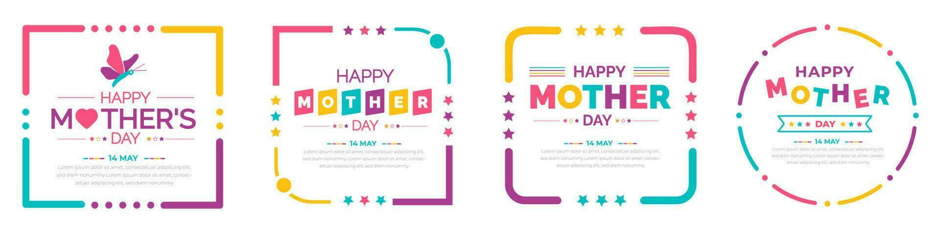 happy mother day colorful text or typography design template set. vector