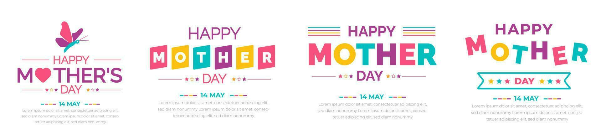 happy mother day colorful text or typography design template set. vector