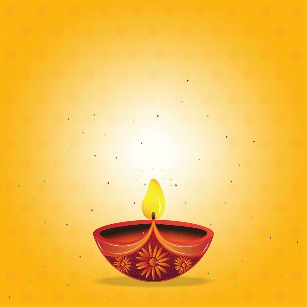 Vector illustration of burning oil lamp on yellow background. Diwali festival. Festival of Lights. Used for greeting card, banner, template.