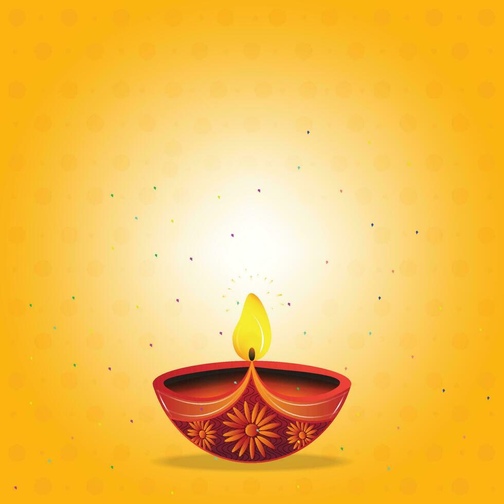 Vector illustration of burning oil lamp on yellow background. Diwali festival. Festival of Lights. Used for greeting card, banner, template.