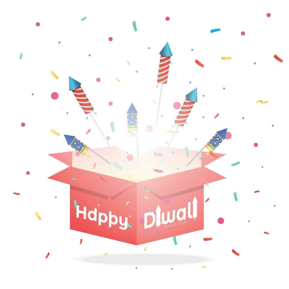 Colorful firecrackers coming out of gift box on white background during Diwali festival celebration. vector