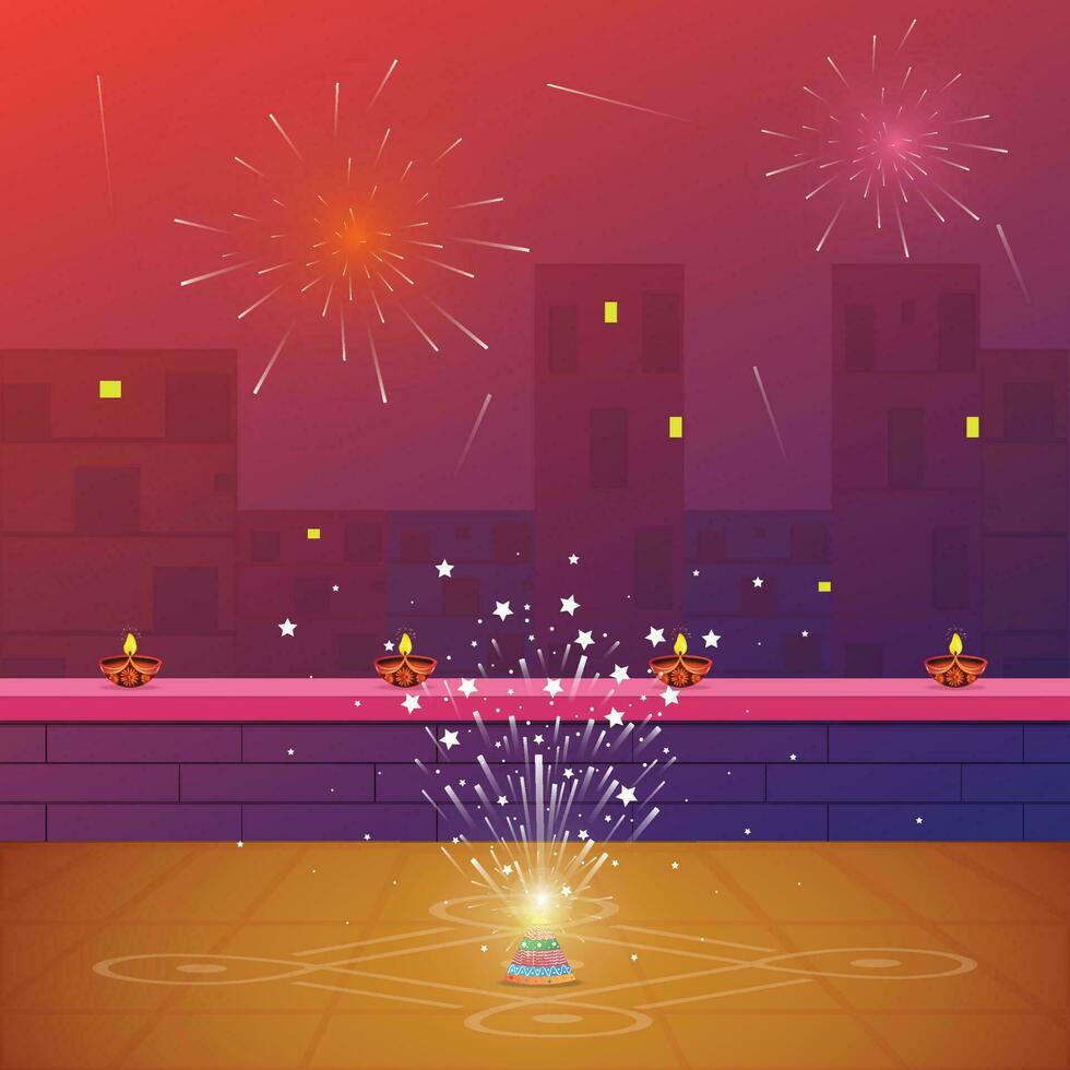 Happy Diwali festival background with crackers. Vector illustration of an Indian house decorated with an Indian Diya oil lamp.