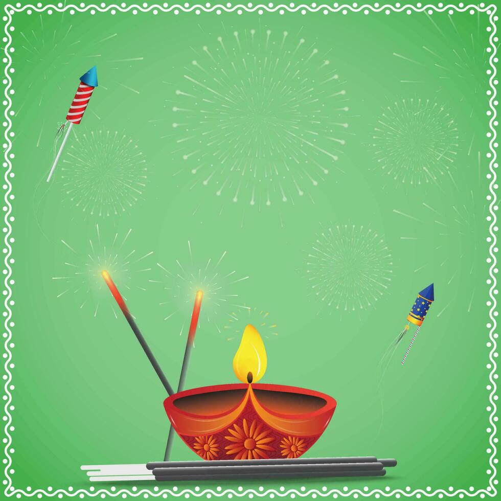 Happy Diwali celebration background. Festival banner design with firecrackers with oil lamps on green background. Vector illustration