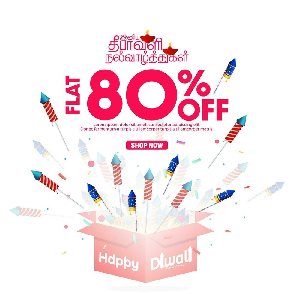 Diwali sale. Banner design of colorful crackers coming out of gift box on white background during Diwali festival celebration. Vector