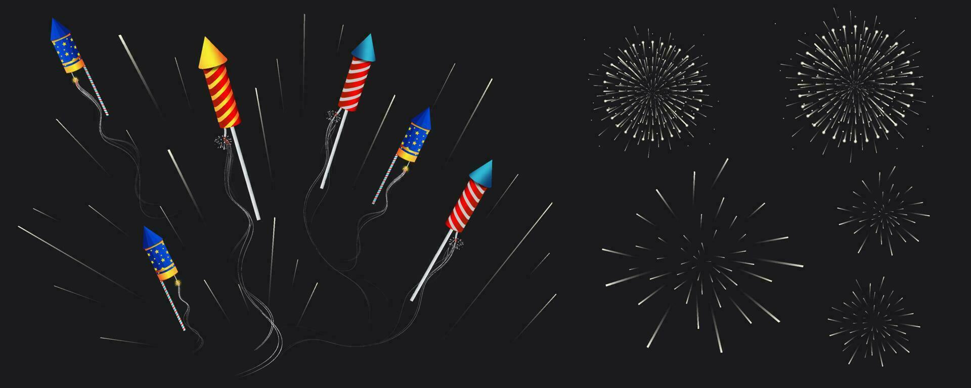 Fireworks set. Colorful firework composition images of fireworks dots in different patterns on black background. vector
