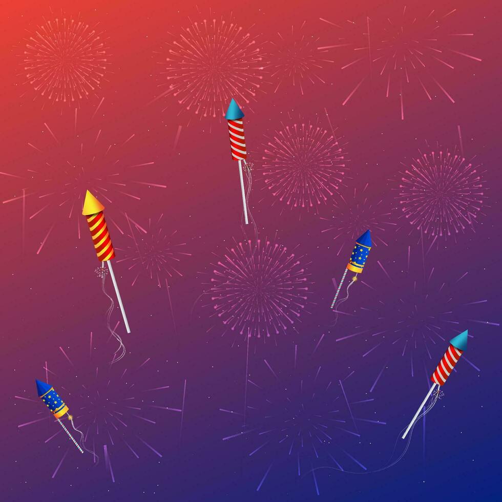 Colorful firework rocket flying with festive firecrackers bursting in different patterns on colorful background. Fireworks background. space for your text. Vector illustration