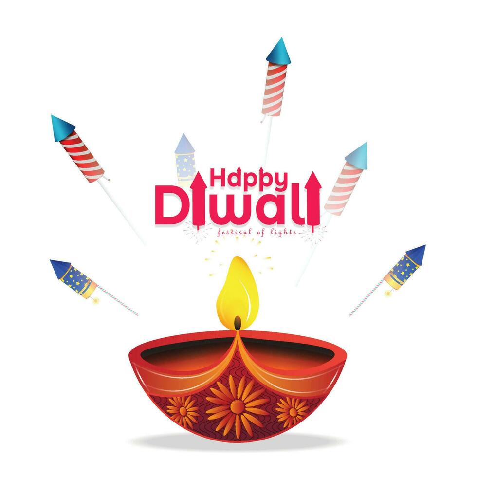 Happy Diwali. Diwali crackers with big diya oil lamp on white background. India's Festival of Lights vector