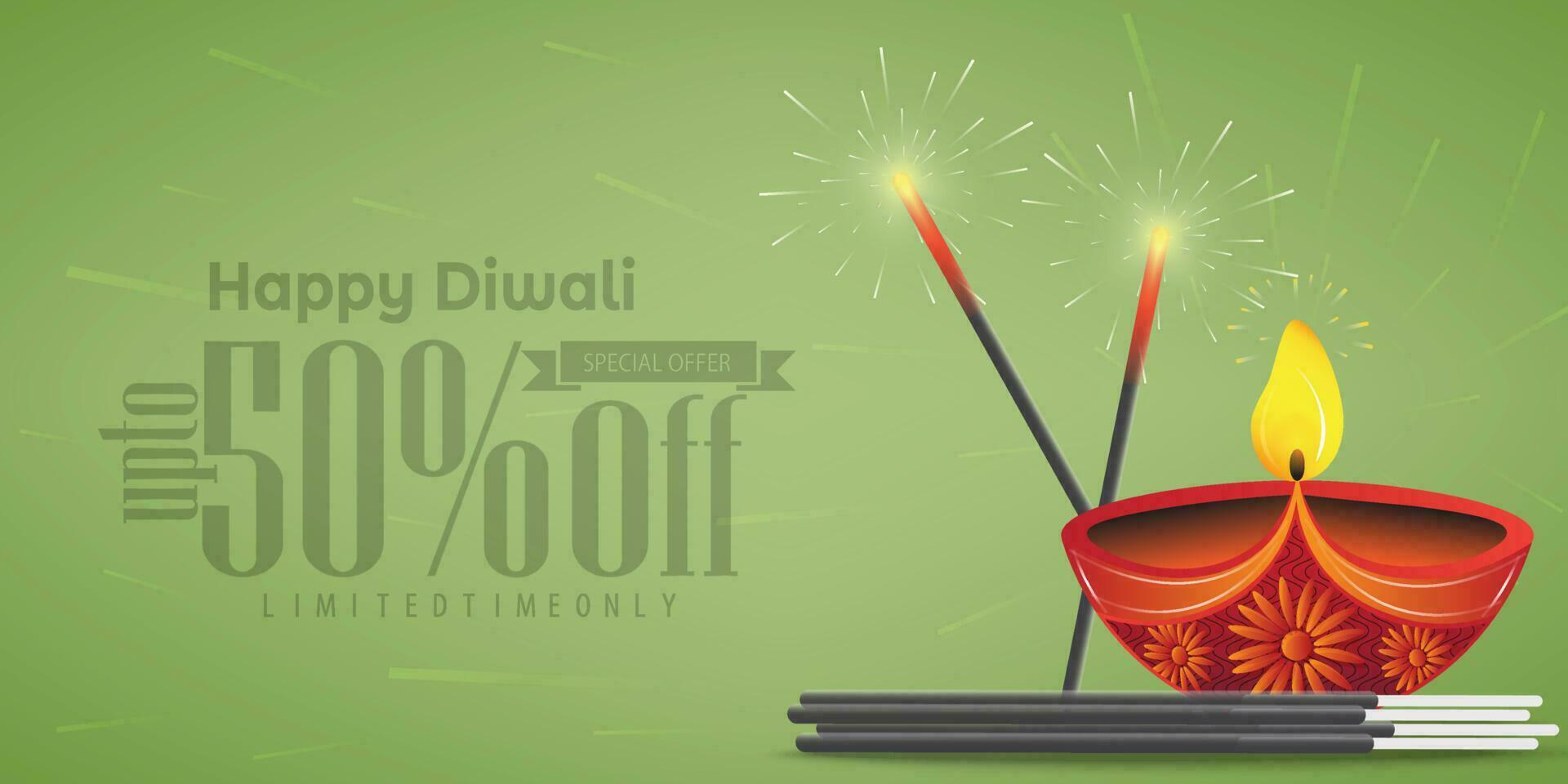 Happy Diwali special offer ad banner. Diya oil lamp with crackers. Sparkler. Sale offer, Indian festival of lights, vector