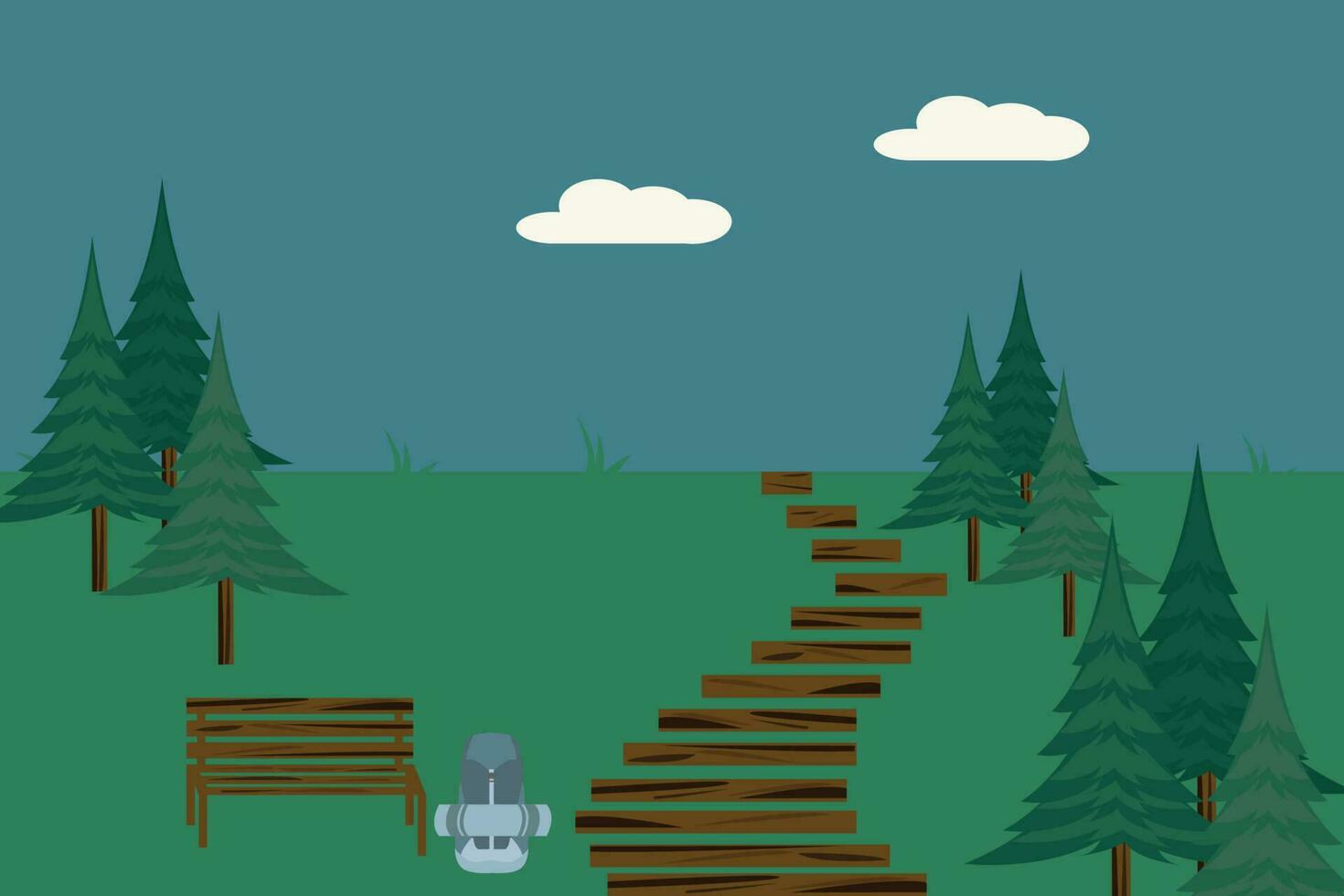 Illustration of outdoor scene with hiking trail, bench, backpack and sleeping bag with nature background. vector