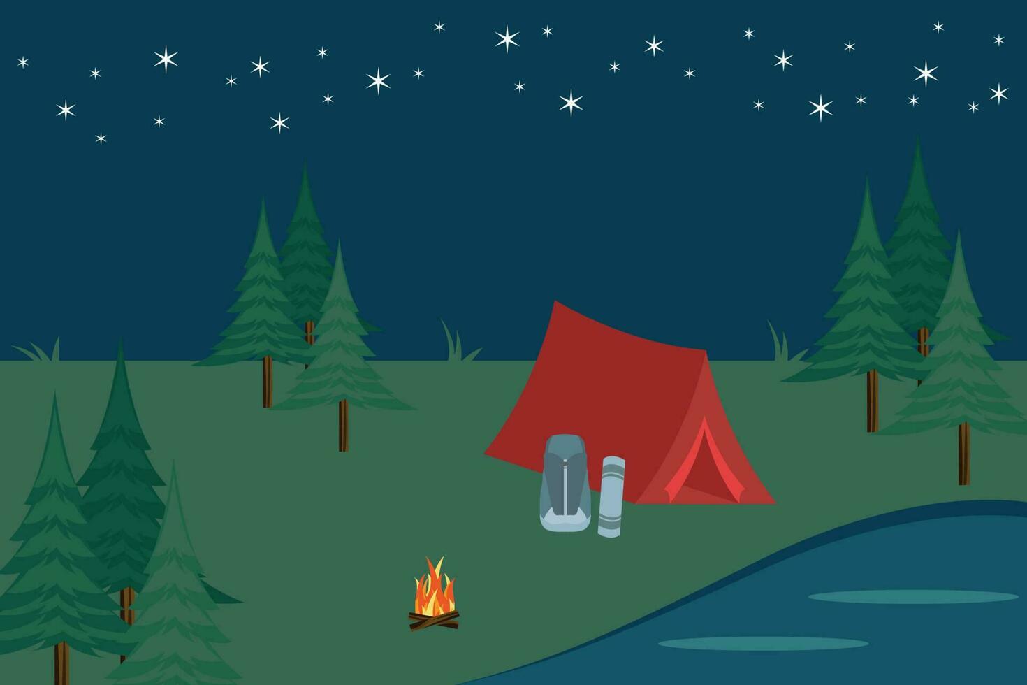 Illustration of outdoor camping scene with nature background at night with lake, tent, backpack and sleeping bag. vector