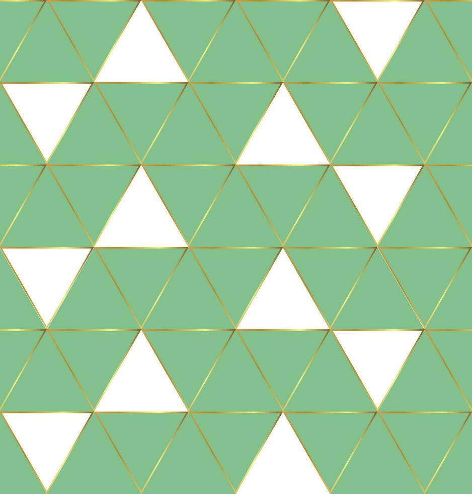 Seamless pattern with green, white and gold triangles design. Geometric vector design.