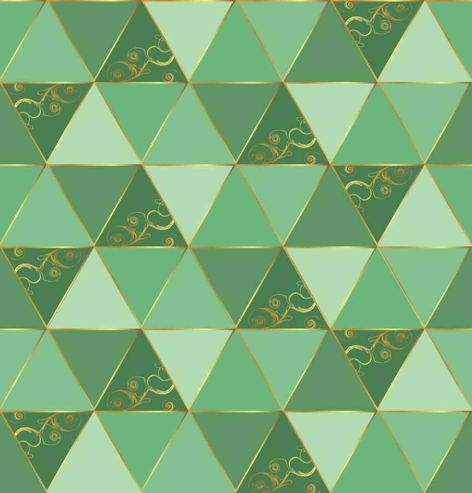 Seamless pattern with gold swirl design. Green and gold geometric vector design.