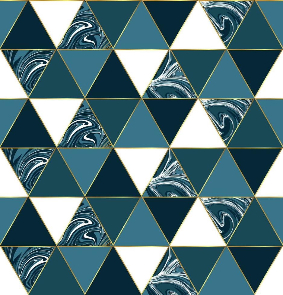 Seamless pattern with marble design. Blue, white and gold geometric vector design.