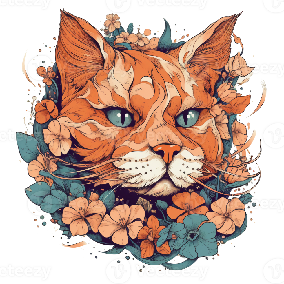 Illustration 2D cat with flower ai generate png