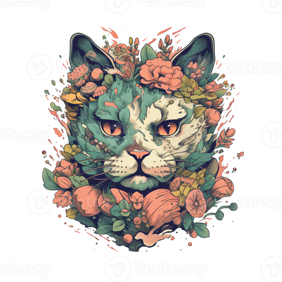 Illustration 2d Katze mit Blume ai generieren png