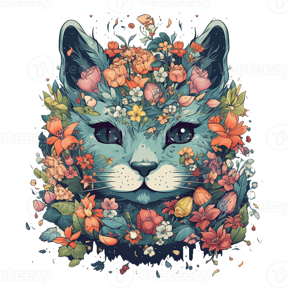 Illustration 2D cat with flower ai generate png