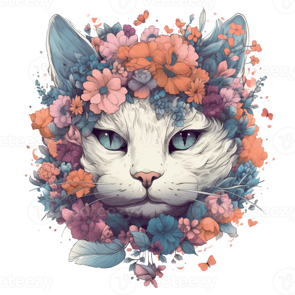 Illustration 2D cat with flower ai generate png