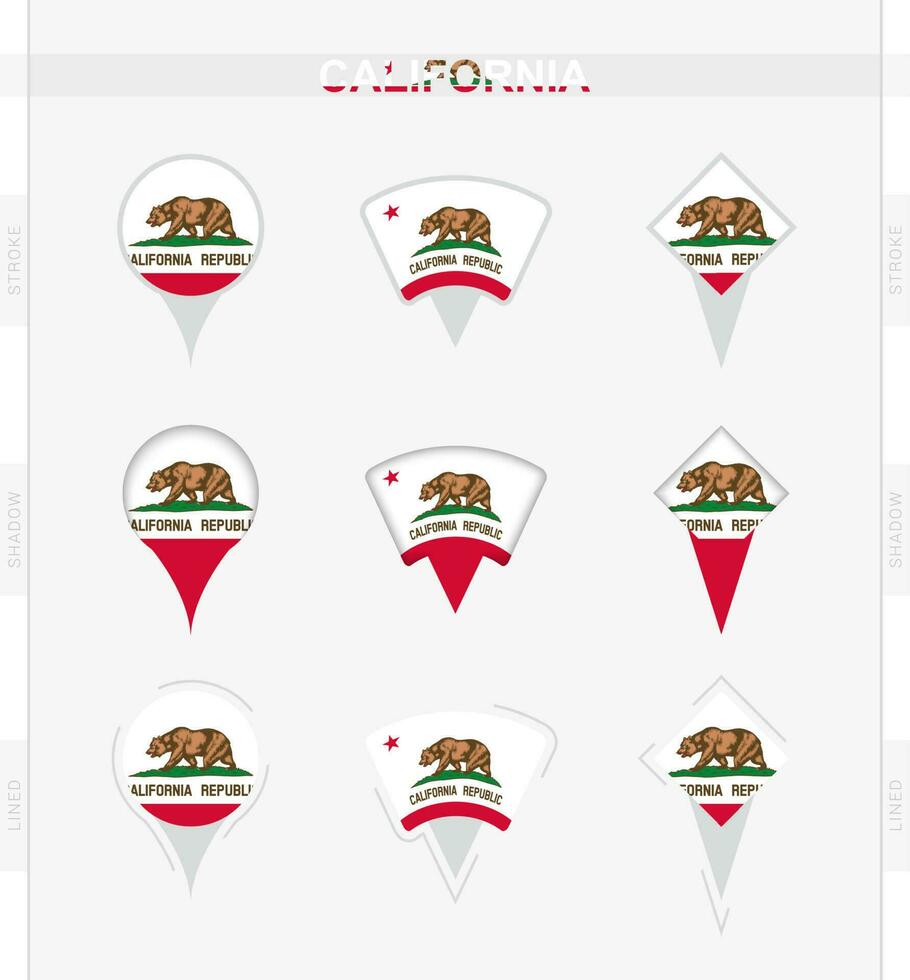 California flag, set of location pin icons of California flag. vector