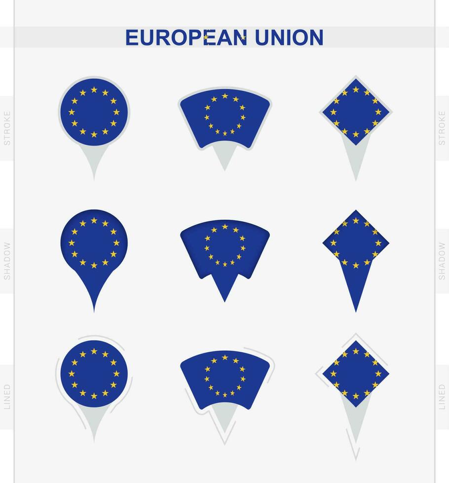 European Union flag, set of location pin icons of European Union flag. vector