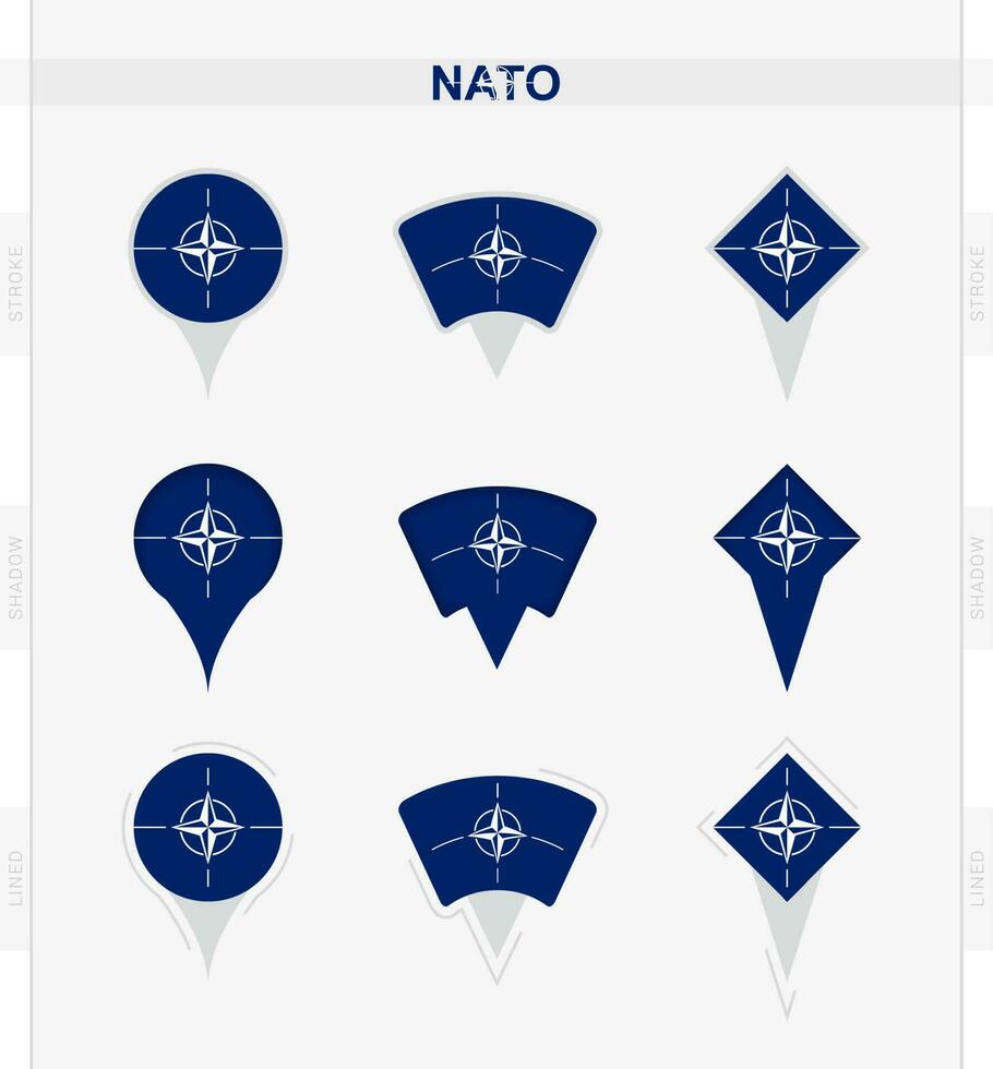 OTAN bandera, conjunto de ubicación alfiler íconos de OTAN bandera. vector