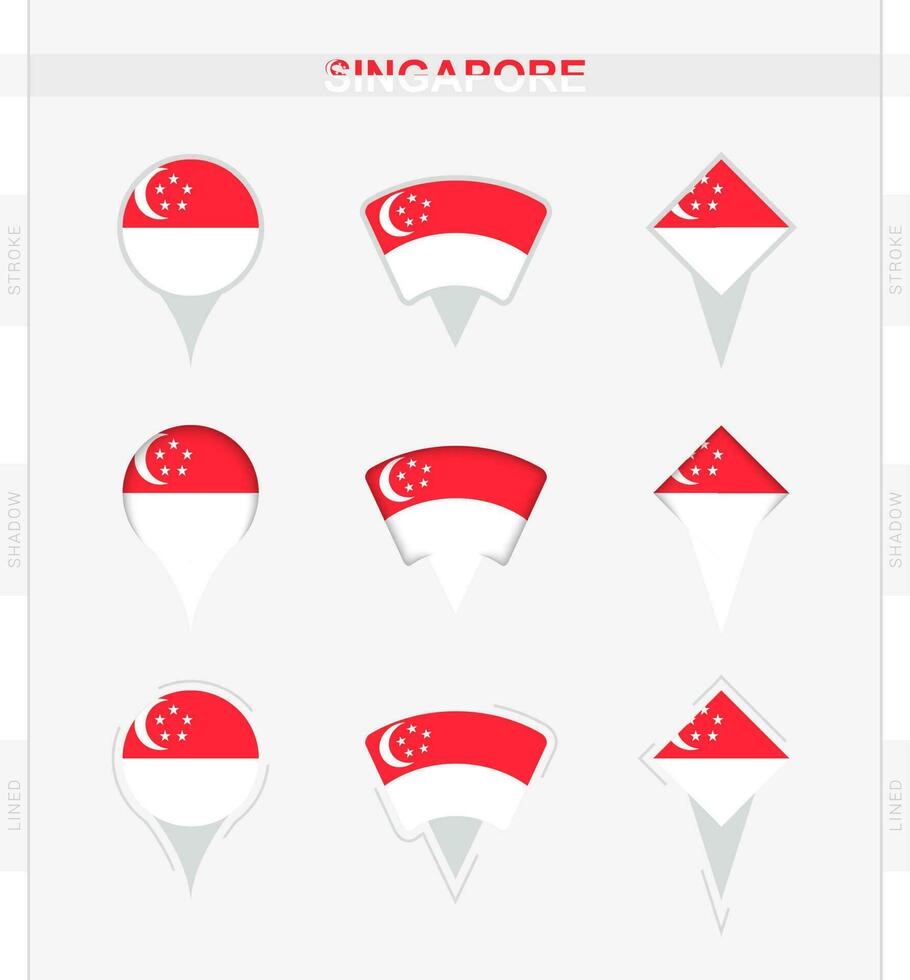 Singapore flag, set of location pin icons of Singapore flag. vector
