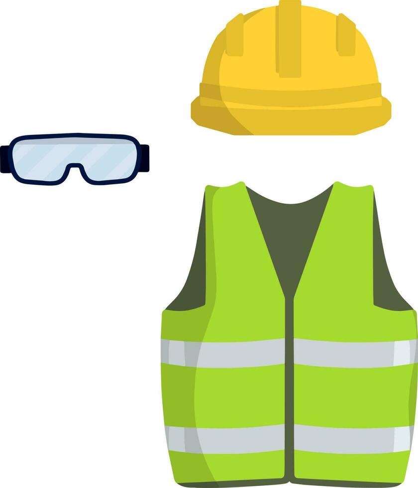 Clothing of worker and the Builder. Green uniform, glasses and yellow helmet. industrial safety. Type of profession. Cartoon flat illustration vector