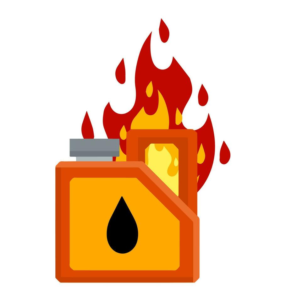 Canister with fuel. Container with oil. Flammable object. Danger and fire. Dangerous flames. Flat cartoon icon illustration isolated on white background. Red gas tank vector