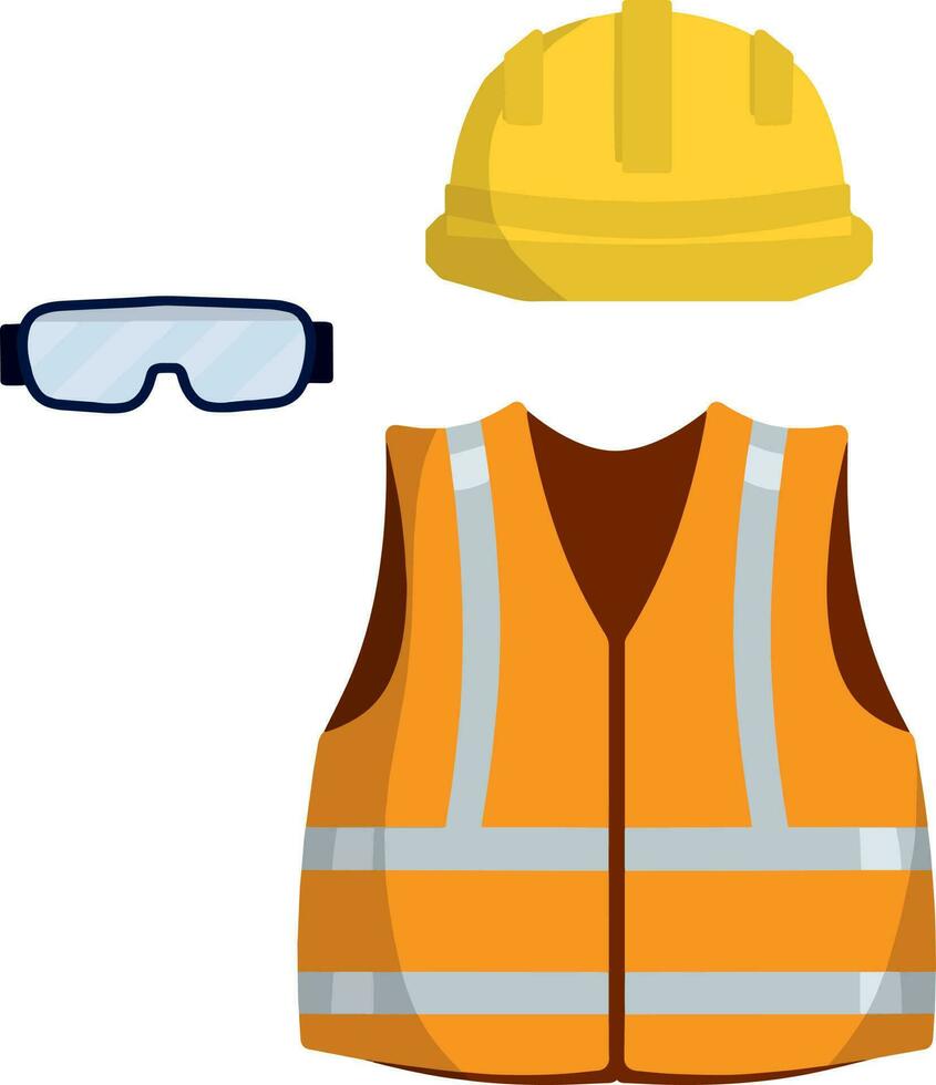 Clothing of worker and the Builder. Orange uniform, glasses and helmet. industrial safety. Type of profession. Cartoon flat illustration vector